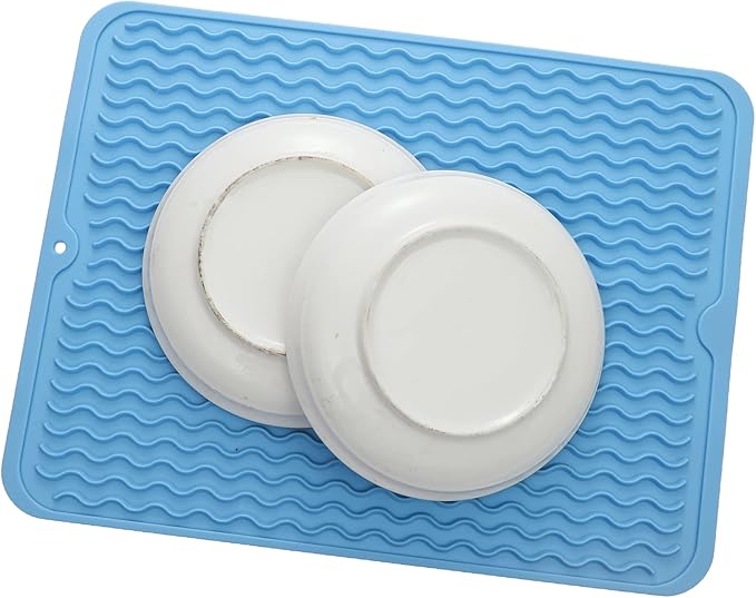 Silicone Dish Drying Mat for Multiple Usage,Easy clean,Eco-friendly,Heat-resistant Silicone Mat for Kitchen Counter or Sink,Refrigerator or drawer liner Light Blue L 16 inches x 12 inches