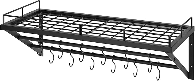 Pot Rack, 30 Inch Wall Mounted Pot Rack, Kitchen Pot and Pan Organizer with 2 Tier Hanging Rails, 12 S-Hooks, Space Saving, for Kitchen Cookware Organizer, Black PR02BK