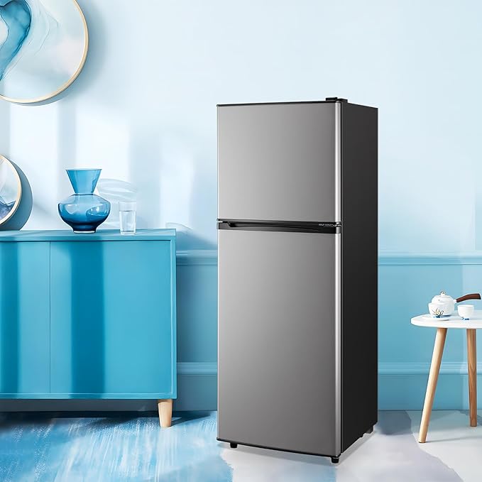 5.0 Cu.ft Mini Refrigerator with Freezer Small Fridge Drink Holder Double Door Refrigerator Adjustable Glass Shelves for Home,Apartment,Office Silver