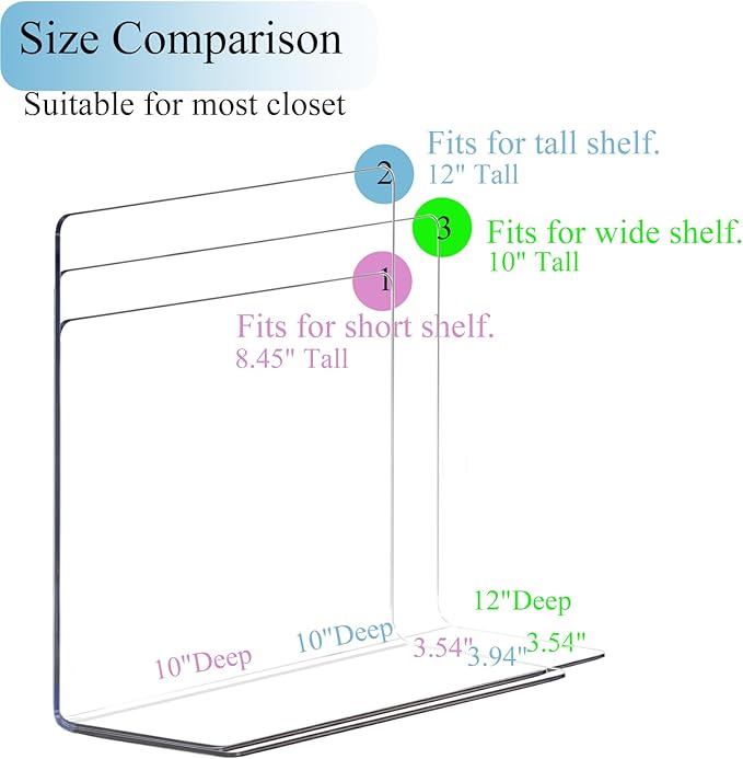 Acrylic Shelf Dividers for Closet Organization: 10" Tall Clear Closet Dividers for Shelves - Free-Standing Shelf Separators for Clothes Sweater Purse