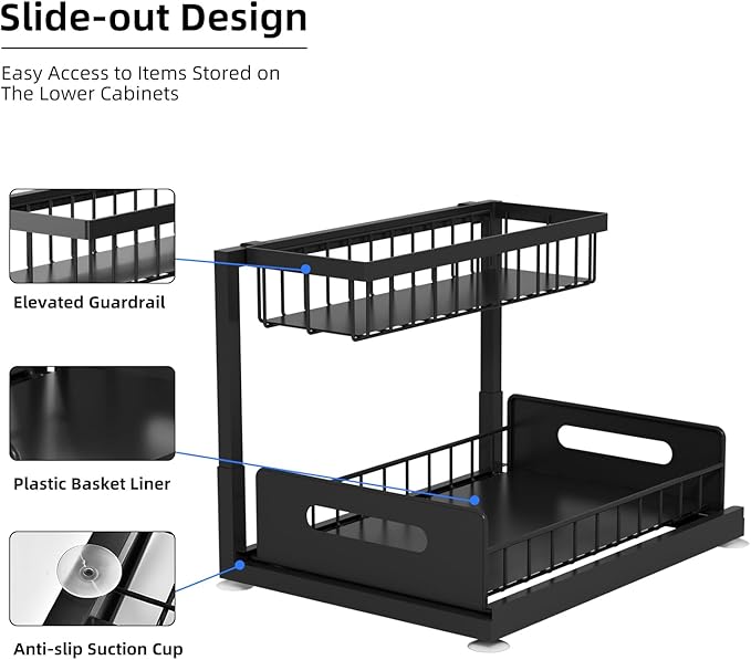 2-Tier Under Sink Slide Out Organizer, Pull Out Cabinet Storage Shelf with Sliding Wire Basket Drawer for Bathroom Kitchen, Countertop or Pantry Shelf, Black
