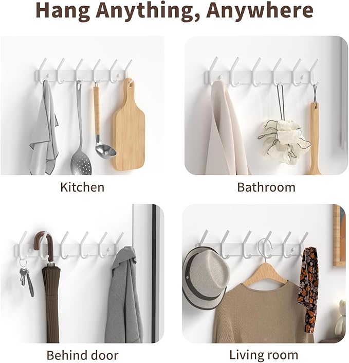 Coat Rack Wall Mount Hooks - 15 Inch Matte White Metal 6-Hook Organizer Wall Mounted, Modern Kids Room, Entryway & Bathroom Hanger for Beach Towels, Coats, Purses, Bags (1 Pack)