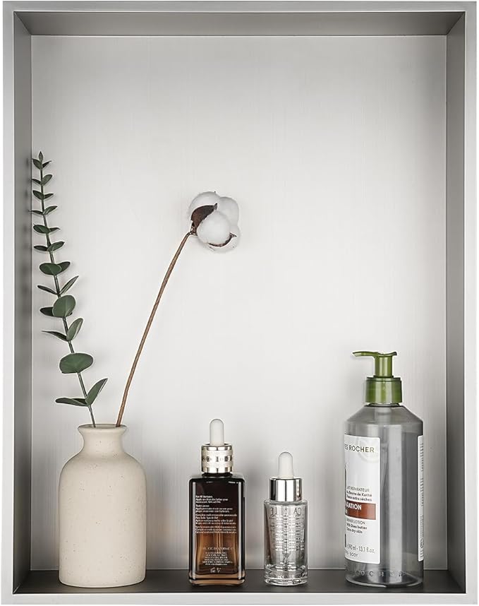JQK Shower Niche No Tile Need, 18"×14" Brushed Nickel Bathroom Insert Shelf, 304 Stainless Steel Recessed Shower Caddy Organizer Storage, SNL1814-BN