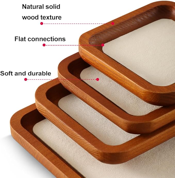 Wooden Jewelry Display Tray Rounded Rectangle Ring Showcase Stackable Elegant Bracelet Watch Jewelry Organizer for Personal Use and Commerce (Old Lace, Medium-W 3.9'' x H 0.6'' x L 7'')