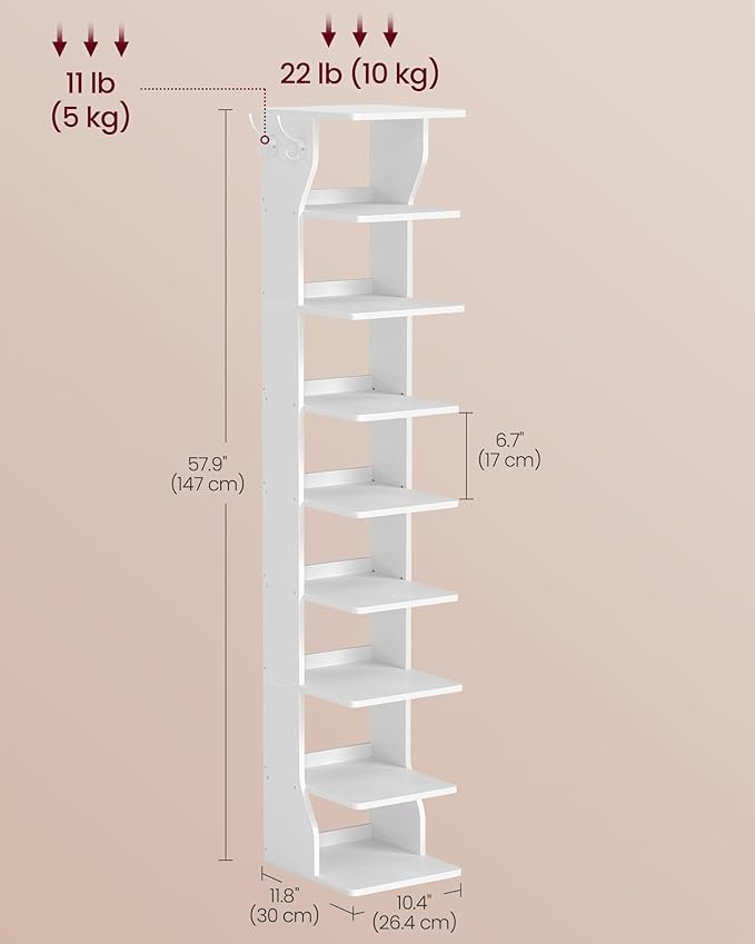 VASAGLE 9-Tier Vertical Shoe Rack, Narrow Shoe Storage Organizer with Hooks, Slim Corner Tower Shelf, Space-Saving for Entryway and Bedroom, White ULBS210WB01
