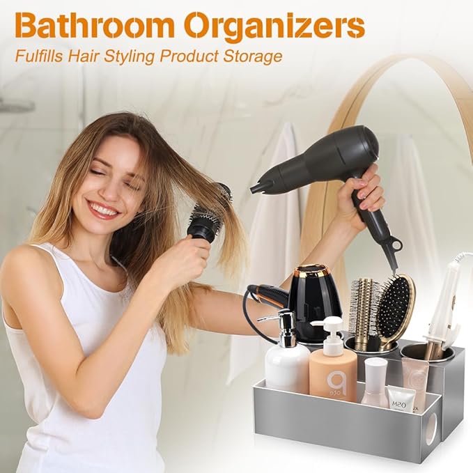 Hair Tool Organizer - Bathroom Vanity Organizers and Storage, Hair Styling Accessories Hot Tools Organizer Hair Dryer, Blow Dryer, Curling Iron, Flat Iron, Hair Straightener, Silver