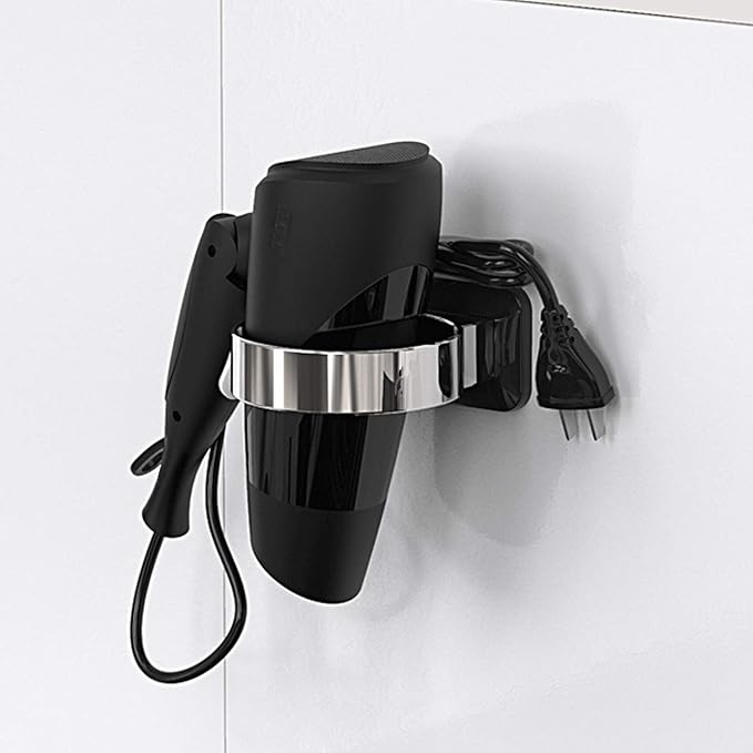 Hair Dryer Holder, Bathroom Cabinet Door Blow Dryer Stand, Blow Dryer Holders Wall Mount - Extra Large Rim (Silver + Black)
