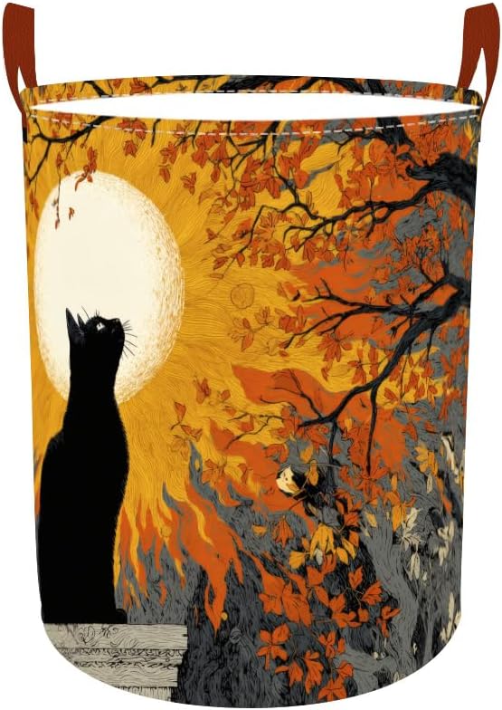 Laundry Baskets 15.7x19.7 Inch Black Cat Autumn Sunset Tree Design Collapsible Laundry Hamper with Handles Oxford Fabric Clothes Storage Bin Foldable Dirty Clothes Organizer for Bedroom Bathroom