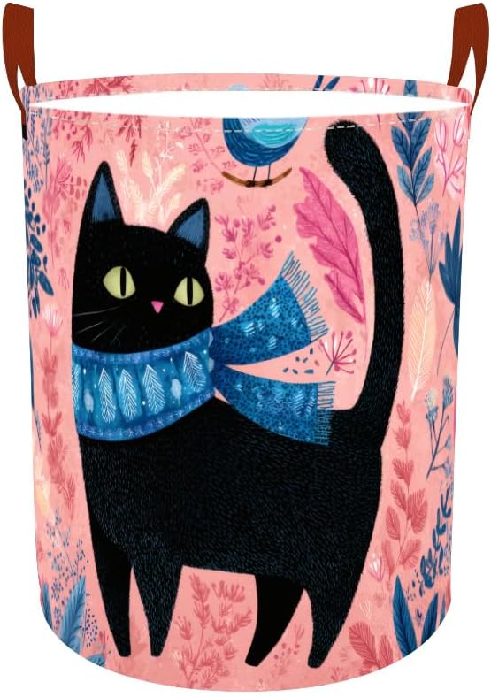 Laundry Baskets 15.7x19.7 Inch Large Black Cat Bird Floral Scarf Design Collapsible Laundry Hamper with Handles Oxford Fabric Clothes Storage Bin Foldable Dirty Clothes for Bedroom Bathroom Dorm