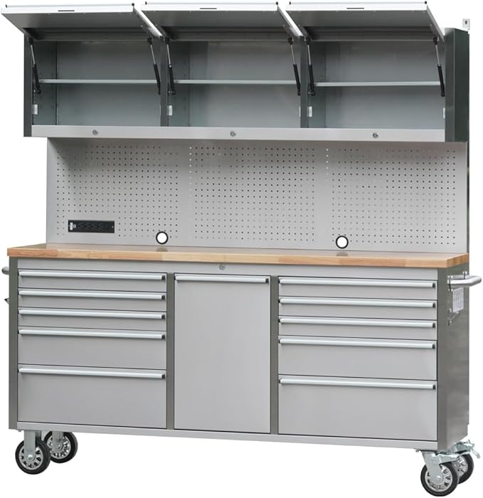 72" Stainless Steel Rolling Tool Chest with 11 Drawers + 3 Upper Cabinets, Large Lockable Storage Cabinet, Mobile Workbench with Wheels for Garage Workshop (1 × HTC7214W1)