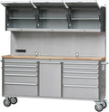 72 inch 11 Drawers Tool Chest with 3 Up Cabinet & Pegboard in Stainless Steel, Large Lockable Mobile Workbench with 6 Blue Storage Bins, Tool Box for Garage, Workshop (1 × HTC7214W1)
