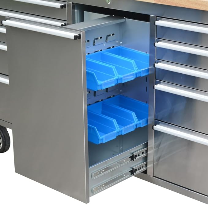 72 inch 11 Drawers Tool Chest with 3 Up Cabinet & Pegboard in Stainless Steel, Large Lockable Mobile Workbench with 6 Blue Storage Bins, Tool Box for Garage, Workshop (1 × HTC7214W1)