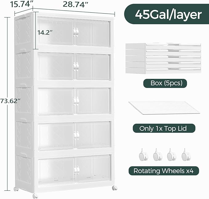 900QT Extra Large Stackable Storage Bins with Lid, 225Gal Collapsible Closet Organizer Box with Wheels, Folding Plastic Storage Cabinet with Doors for Home Kitchen Office Dorm, 5Pack White
