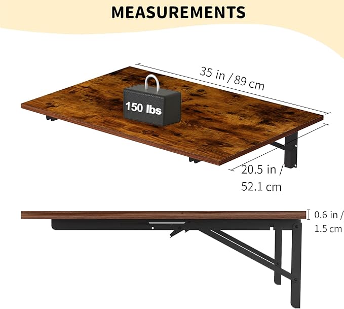 GOYLSER Wall Mounted Folding Table Floating Desk for Dining, Laundry Room, Office, Fold Down Desk with Bracket