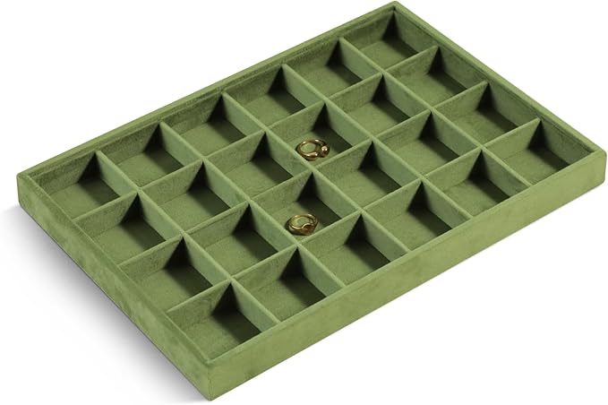 Velvet Stackable Jewelry Display Tray, 24 Grid Earring Ring Storage Tray, Drawer Divider Jewelry Accessories Organizer Plate (Olive Green)