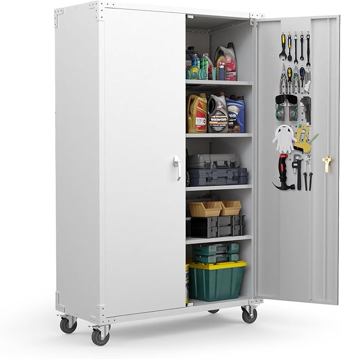 VINGLI Upgraded Wide & Deep Garage Storage Cabinet, Metal Storage Cabinet with Pegboards, Wheels, Locking Doors and Adjustable Shelves (Gray, 43''W x 20''D x 72''H)
