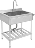 Stainless Steel Utility Sink, Free Standing Single Bowl Kitchen Sink with Pull-Out Cold/Hot Faucet, Storage Shelf & Splashback, Large Utility Sinks for Laundry, Garage 30.7"D x 22"W x 40.3"H Silver