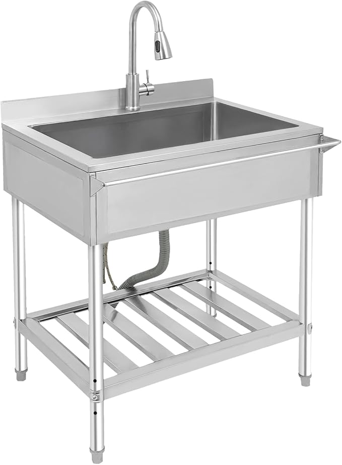 Stainless Steel Utility Sink, Free Standing Single Bowl Kitchen Sink with Pull-Out Cold/Hot Faucet, Storage Shelf & Splashback, Large Utility Sinks for Laundry, Garage 30.7"D x 22"W x 40.3"H Silver