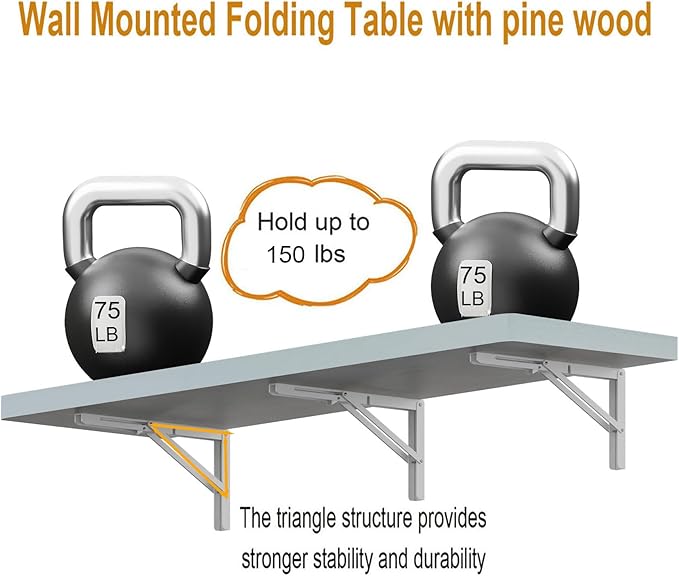 IAE Wall Mounted Folding Table with Pine Wood,48" x 16" Floating Wall Desk,Laundry Folding Table with Shelf Brackets,Fold Down Desk Shelf,Folding Workbench for Home,Dining,Laundry Room,Kitchen,White