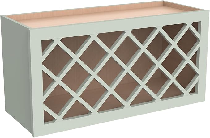 Solid Wood RTA Wine Bottle Rack Wall Cabinet with Lattice Panels Wine Holder Wine Storage Cabinet for Bar, Pantry, Wine Cellar Basement Countertop Mocha (Jade Green, 36”W × 12”D × 15”H)