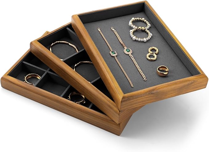 Oirlv Solid Wood 12 Grid Liner Pendant Jewelry Organizer Tray Jewelry Drawer Organizer(Grey)
