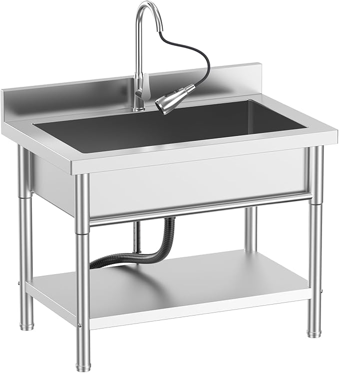Stainless Steel Utility Sink, Freestanding Sink with Retractable Cold and Hot Water Faucet,Hoses and Drain Kit for Kitchens, Bathrooms, Garage