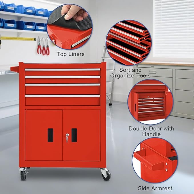 Tool Chest 13-Drawer with Double Door Handle,2 in 1 Detachable Rolling Tool Chests with Wheels and Drawers,Large Tool Box with Lock for Warehouse,Garage (Red)