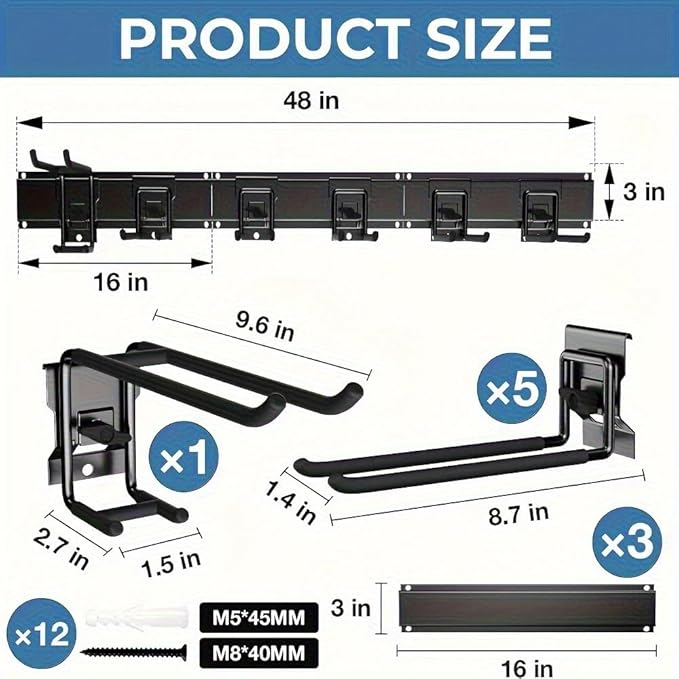 48" Industrial-Grade Wall-Mounted Garage Tool Organizer Heavy-Duty Steel Frame with Capacity Adjustable Swivel Hooks with Dual Shovel Holders for Yard Tools, Trimmers, Ladders& Garage Storage