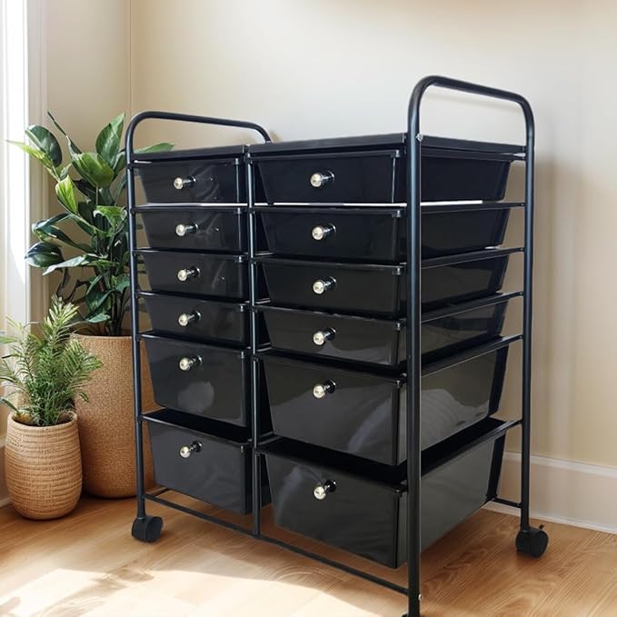 Multipurpos 12 Drawers Rolling Storage Cart With Drawers, Black Plastic Storage Trolley, Rolling Carts With Wheels, Craft Corner Storage Organizer for Kitchen Bathroom Garage Office Salon Shop