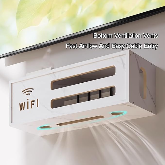 Wall Mount WiFi Router Box, WiFi Router Storage Cabinet, Power Strip and Cable Management Hider Rack, Invisible Storage, for Living Room, Office, Bedroom(White)