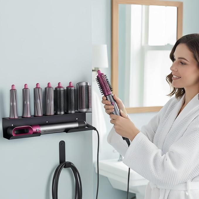 Curling Iron Holder, Flat Iron Holder Wall Mount, Stainless Steel Hair Tool Organizer Compatible with Dyson, Self-Adhesive Flat Iron Holdert for Bathroom,Black BANJEKT