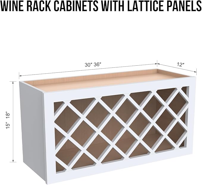 Solid Wood RTA Wall Cabinet with Lattice Panels - Wine Holder & Storage for Bar, Pantry, Cellar & Countertop - Mocha (White, 30'W 12'D 18'H)