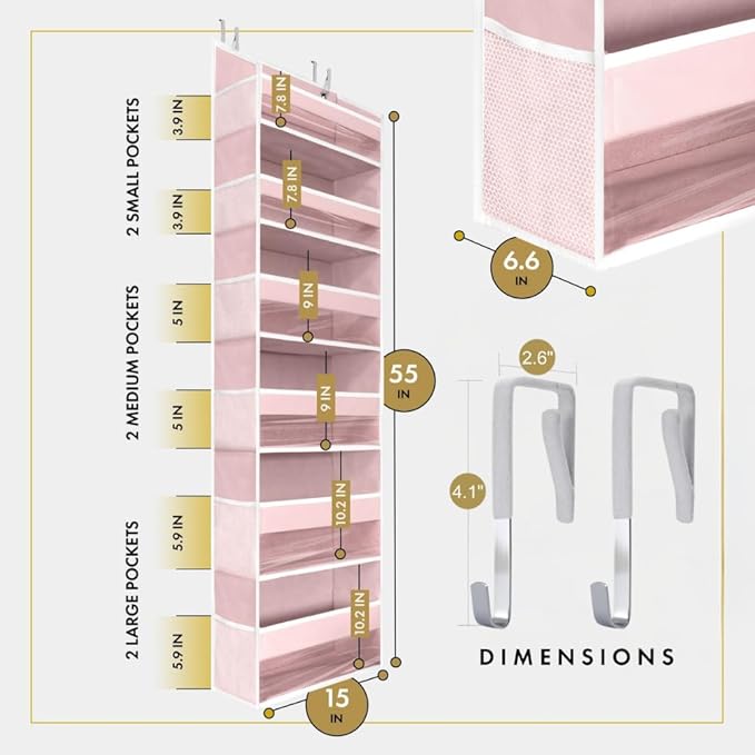 HOMELUX THEORY Over The Door Organizer Hanging - 50lbs Load 6 Large Front & 12 Side Pockets, 1 Pack Over The Door Shoe Organizer, Hanging Closet Organizer For Toys, Diaper, Purse, Sewing (Baby Pink)
