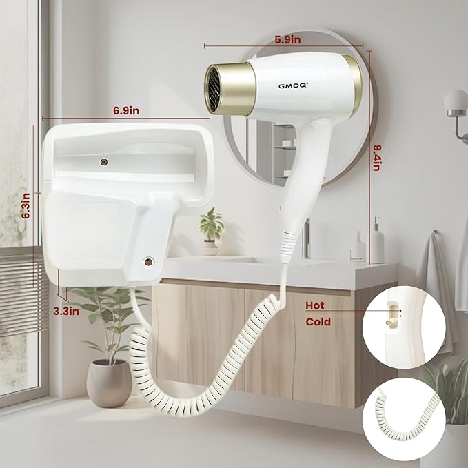 Wall Mounted Hair Dryer with USB Charging Port for Bathroom - 110V Professional Blow Dryer, Fast Drying Salon Motor & Dual Voltage Support, Includes Stand Rack, Screws+Adhesive