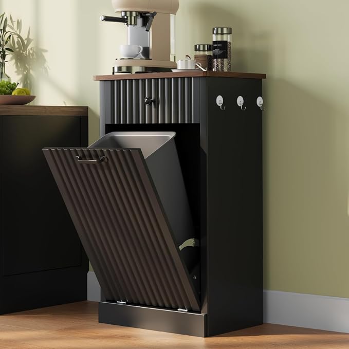 Tilt Out Trash Can Cabinet, 10 Gallon Fluted Laundry Hamper Cabinet with Drawers, Freestanding Wooden Hidden Garbage Can Cabinets for Kitchen, Living Room, Without Trash Bin or Laundry Hamper, Black