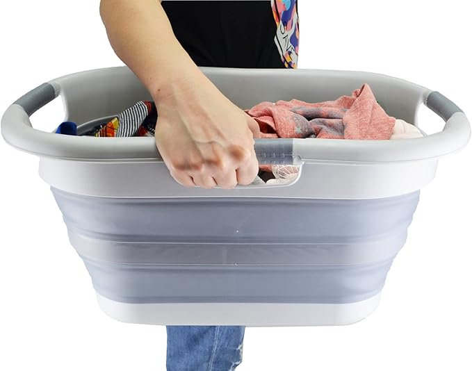 SAMMART 30L (7.9 Gallon) Collapsible Plastic Laundry Basket - Foldable Pop Up Storage Container/Organizer - Portable Washing Tub - Space Saving Hamper/Basket (1, Grey/Dark Grey)