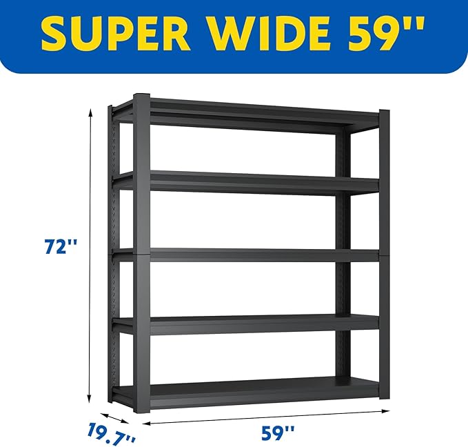72''H Garage Shelving Heavy Duty,3000LBS Storage Shelves,5-Tier Adjustable Metal Shelve Storage Shelf Rack, Industrial Shelving Unit for Garage, arehouse,Basement (59" W x 19.7" D x 72" H) 3PC