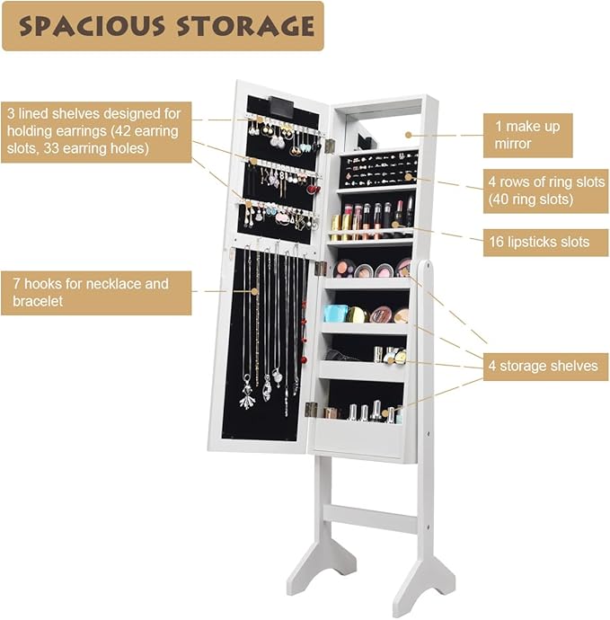 Giantex Standing Jewelry Armoire with 18 LED Lights Around the Door, Large Storage Mirrored Jewelry Cabinet with Full Length Mirror, 16 Lipstick Holders, 1 Inside Makeup Mirror (White)