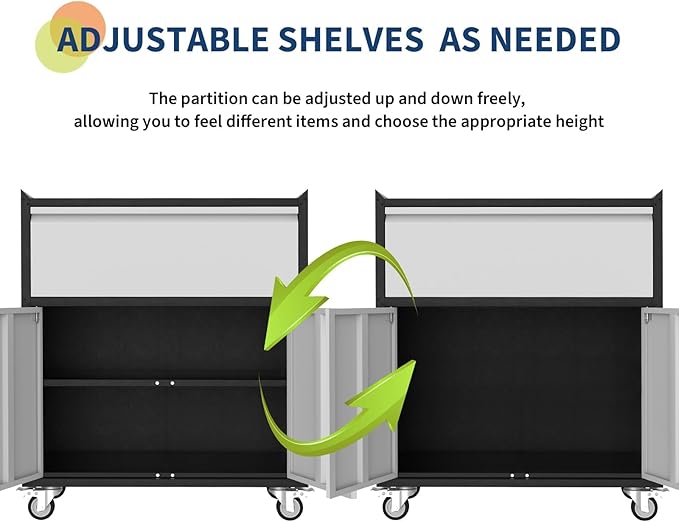 Heavy Duty Metal Garage Storage Cabinet with Lock – 35.4" Tall Rolling Tool Cabinet – Includes Drawer, Adjustable Shelf, 4 Wheels – Secure Utility Cabinet for Home, Office, Workshop – Light Grey &