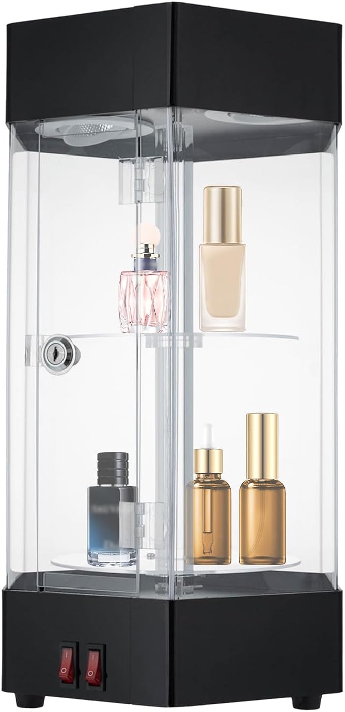 LED Electric Rotating Acrylic Display Case, Jewelry Display Case, Free Standing Electric Rotating Display Case with Lock and Keys for Cosmetics Jewelry Watch Sunglasses White/Balck (Black)