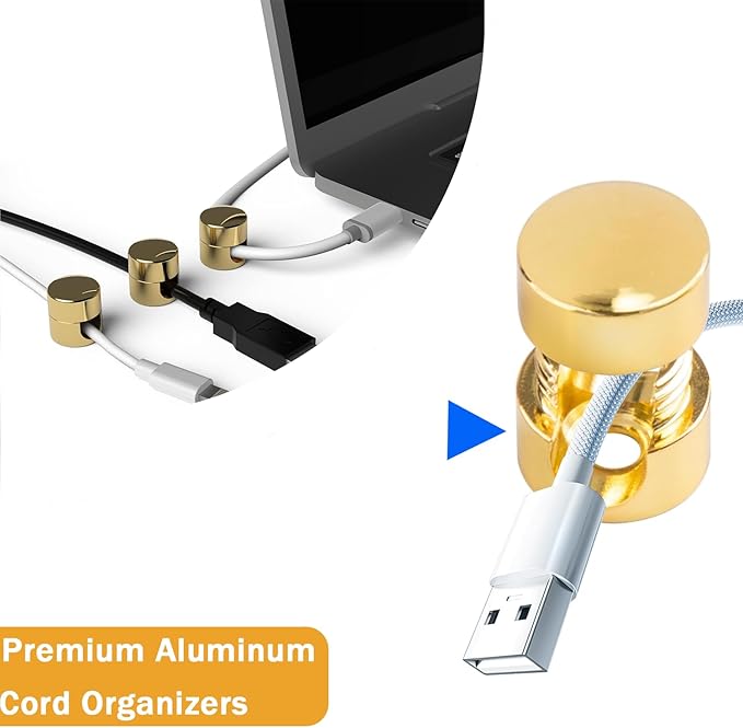 3 Sets Charger Cord Holder, Gold Metal Adhesive Cable Management Clips,Adjustable Cable Anchor Holders,Wire Organizer for Desk, Wall, Home, Office