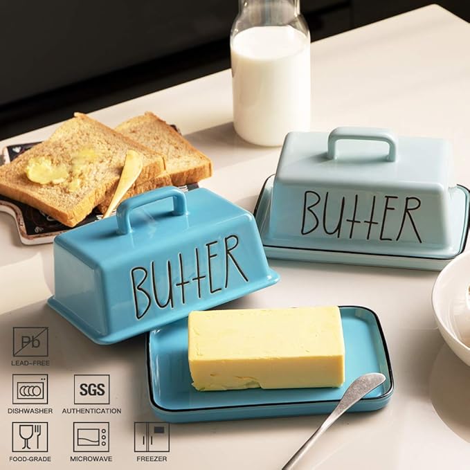 Sweejar Ceramic Butter Dish with Handle Lid, 7.3 Inch Porcelain Large Butter Keeper with Cover, Perfect for East/West Butter (Turquoise)