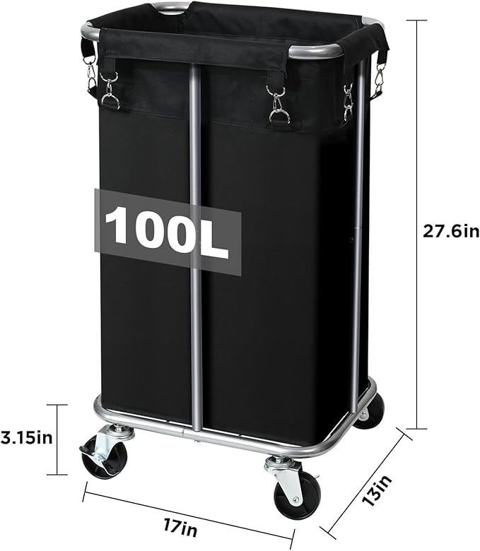 Laundry Basket with Wheels, Rolling Laundry Hamper with Removable Bag, 100L Laundry Sorter Cart, Tall Narrow Slim Clothes Hamper Organizer with Sturdy Metal Frame, Black+Silver