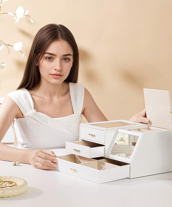 Homde Women Mirror Jewelry Box: Organizer Case with Clear Lid for Ring Necklace Earring - Christmas Gift for Young Women (White)