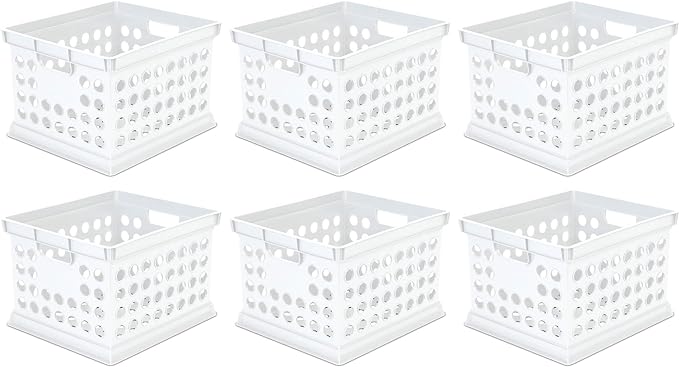 Sterilite Stackable Plastic Storage Crate Bin Organizer File Box with Handles for Home, Office, Dorm, Garage, or Utility Organization, White, 6-Pack