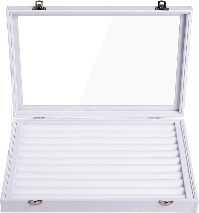 Frebeauty Rings/Earrings Organizer Tray with Clear Lid 10 Slots Velvet Drawer Insert Jewelry Storage box Transparent Glass lid Jewelry Display Case Showcase Gift for Girls Women (White, 10 Slots)