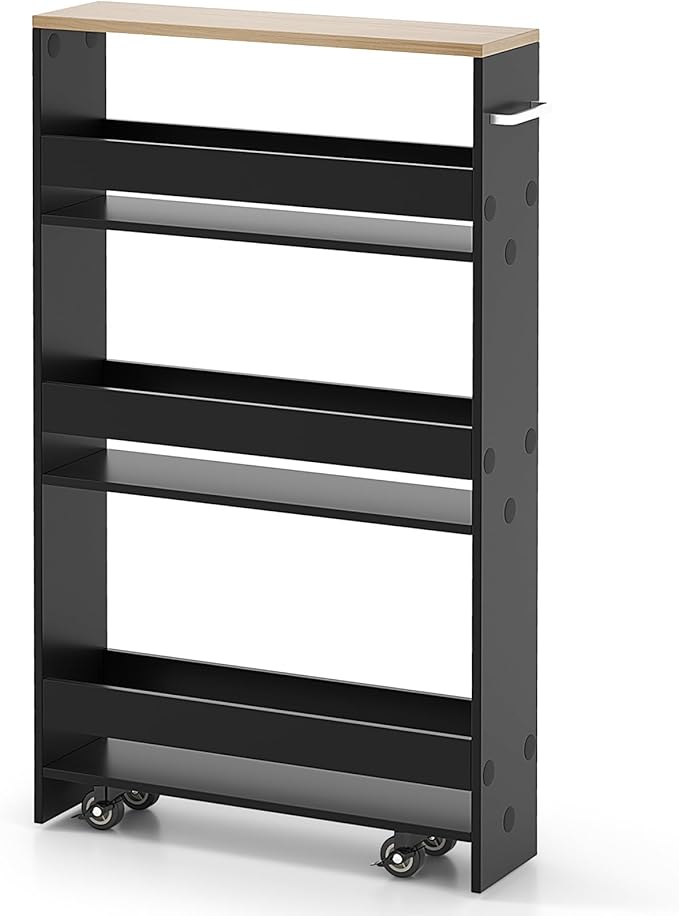 MAT EXPERT Slim Rolling Storage Cart, 4-Tier Freestanding Slim Storage Cart with Wheels 360 Degree & Metal Handle, Wooden Utility Cart for Narrow Kitchen, Laundry Room, Bathroom (Black + Natural)
