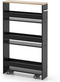 MAT EXPERT Slim Rolling Storage Cart, 4-Tier Freestanding Slim Storage Cart with Wheels 360 Degree & Metal Handle, Wooden Utility Cart for Narrow Kitchen, Laundry Room, Bathroom (Black + Natural)
