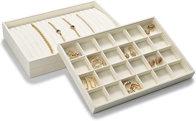 24 Grids Necklace Display Tray, Stackable Jewelry Organizer Trays, Microfiber Necklace Bracelet Pendant Holder Storage Display (Beige)