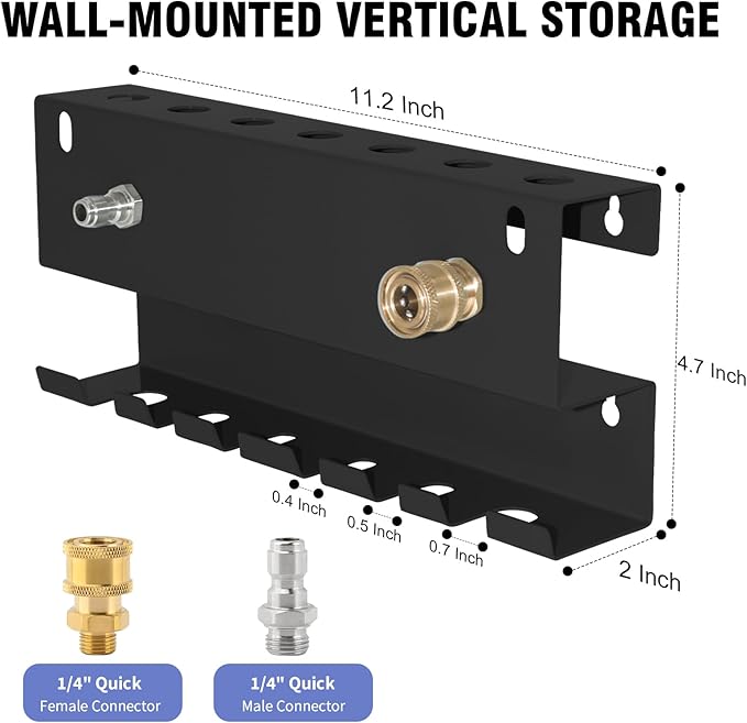 Wall Mounted Pressure Washer Gun & Foam Cannon Holder, Car Wash Accessories Storage Rack for Wand Extension and Nozzle Tips, Fits 1/4" Quick Connect, Black